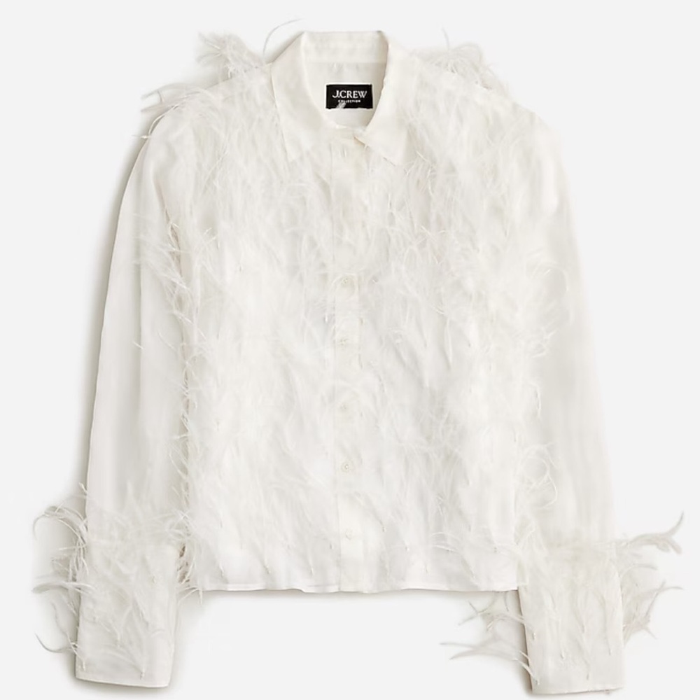 JCrew Collection organza button up blouse with feathers NWT